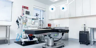 Modern surgical room with equipment and operating table.